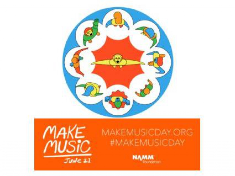 an orange banner for Make Music June 21 and people dancing in a circle 